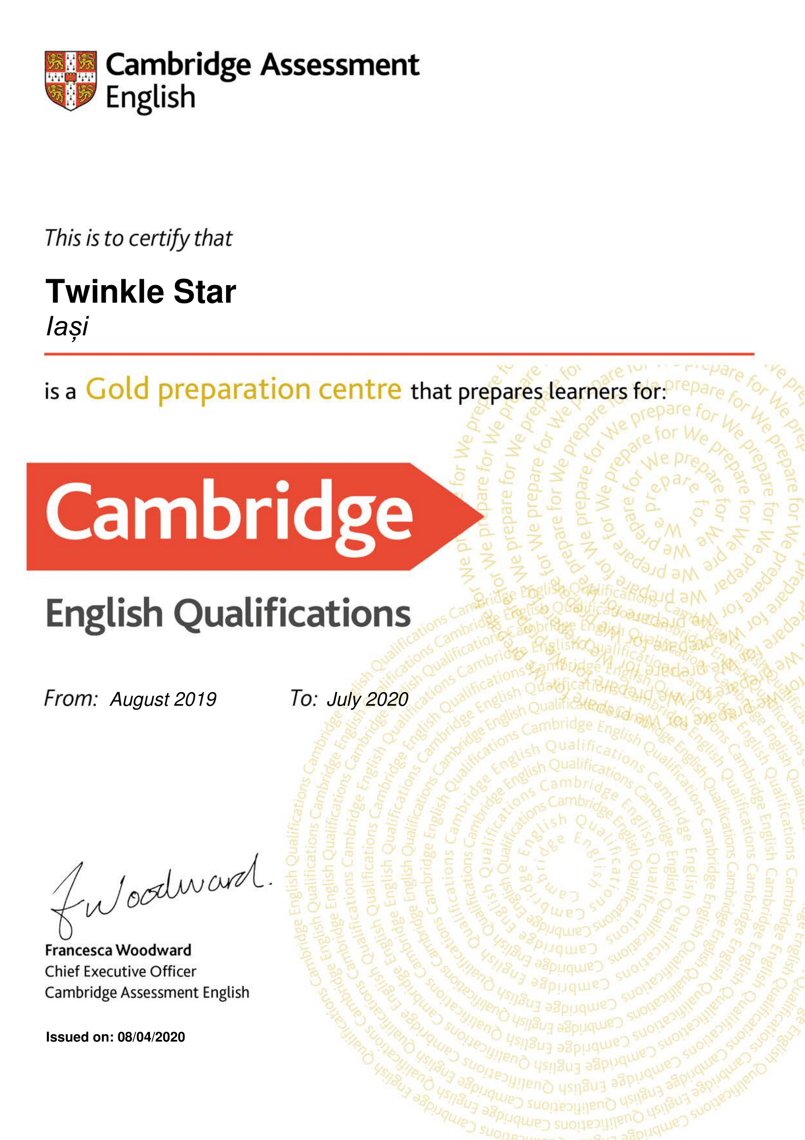 Twinkle Star - Gold Preparation Centre Certificate - cursuri engleza online romania excelenta